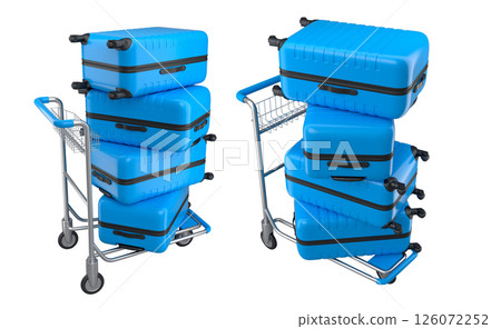 Set of Regular polycarbonate suitcase on hotel trolley cart for carrying baggage on white background. 3d render travel concept of hotel service on vacation and luggage transportation 126072252