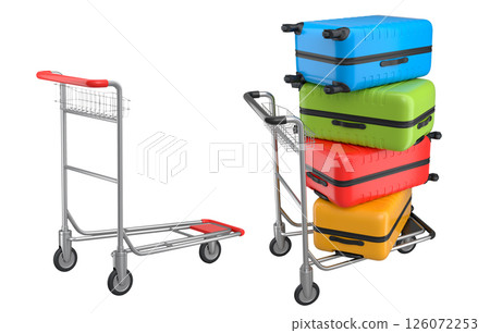 Set of Regular polycarbonate suitcase on hotel trolley cart for carrying baggage on white background. 3d render travel concept of hotel service on vacation and luggage transportation 126072253