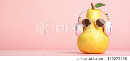 quirky pear wearing trendy headphones and round sunglasses, set against soft pink background, exudes fun and playful vibe 126072368