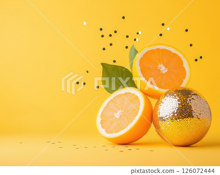Bright orange slices and disco ball on sunny yellow background create vibrant and playful atmosphere. combination of fruit and sparkle adds fun touch to any setting 126072444