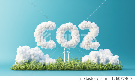 Conceptual image of CO2 awareness with cloud letters and wind turbines, emphasizing environmental consciousness and sustainability. vibrant representation of climate action Conceptual image of CO2 awareness with cloud letters and wind turbines, emphasizing environmental consciousness and sustainability. vibrant representation of climate action 126072460