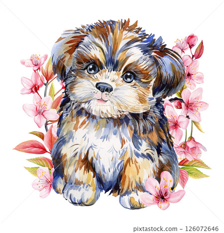 Adorable fluffy puppy with pink cherry blossoms, watercolor pet for nursery, floral spring dog art print, animal decor 126072646