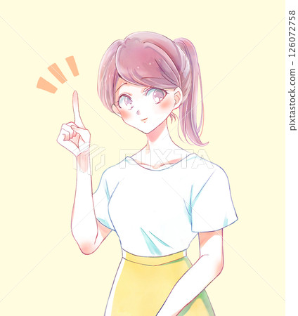 A woman with a ponytail pointing her index finger A woman with a ponytail pointing her index finger 126072758