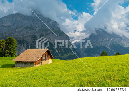 View on the alpine valley Grindelwald. Jungfrau, Switzerland. Under the Bernese alps. Mountain village. View on the alpine valley Grindelwald. Jungfrau, Switzerland. Under the Bernese alps. Mountain village. 126072784
