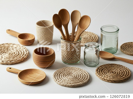 Rustic Kitchen Collection Handcrafted Wooden Utensils, and Glass Storage Jars in Minimalist Natural Home Decor Arrangement 126072819