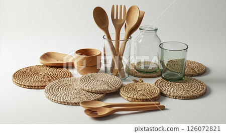 Rustic Kitchen Collection Handcrafted Wooden Utensils, and Glass Storage Jars in Minimalist Natural Home Decor Arrangement 126072821