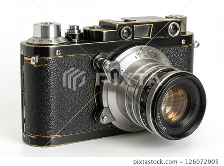 Vintage  Rangefinder Camera with Textured Black Body and Classic Prime Lens on White Background  126072905