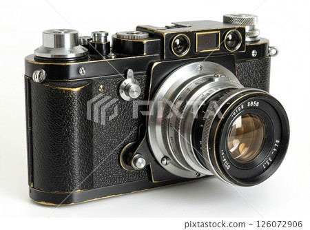 Vintage  Rangefinder Camera with Textured Black Body and Classic Prime Lens on White Background  126072906