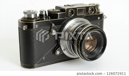Vintage  Rangefinder Camera with Textured Black Body and Classic Prime Lens on White Background  126072911