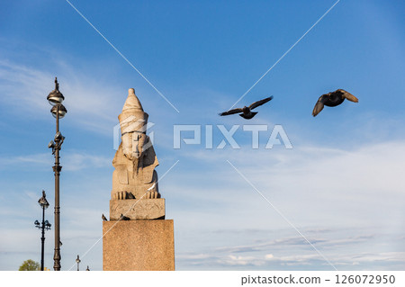 Sphinxes on the University Emb are sculptures of zoomorphic mythical creatures Sphinxes on the University Emb are sculptures of zoomorphic mythical creatures 126072950