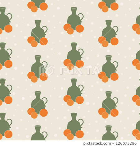Vases seamless vector pattern. Vase and fruits summer background. Aesthetic rape tangerine fruit design Vases seamless vector pattern. Vase and fruits summer background. Aesthetic rape tangerine fruit design 126073286