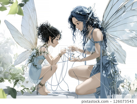 一位樹精母親和她的孩子玩貓的搖籃的插圖素材 126073543