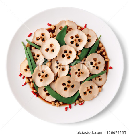 Lotus Root Stir-Fry - Sliced lotus root stir-fried with garlic, chili peppers, and soy sauce, creating a crispy and flavorful 126073565