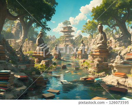 一條神秘的河流，流淌著捲軸和書籍，還有一座哲學家的石像 |象徵教育、哲學和自我發展的奇妙知識的插圖素材 126073595