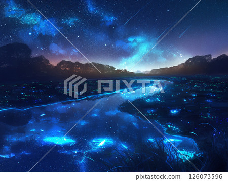 夢幻般的星空和夜河|一幅迷人的風景畫，描繪了神奇的波光粼粼的水面 126073596
