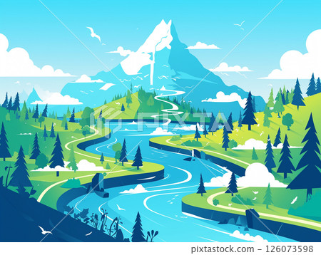 平面設計河流插圖,一目了然地傳達自然流動和水循環 |從山到海的美麗流動 平面設計河流插圖,一目了然地傳達自然流動和水循環 |從山到海的美麗流動 126073598