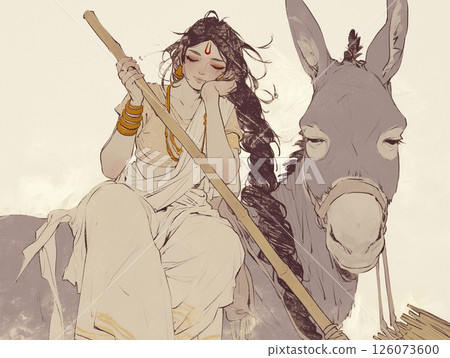 女神西塔拉坐在驢子上的精緻而神秘的插圖|具有治癒、保護和預防疾病功效的宗教藝術品 126073600