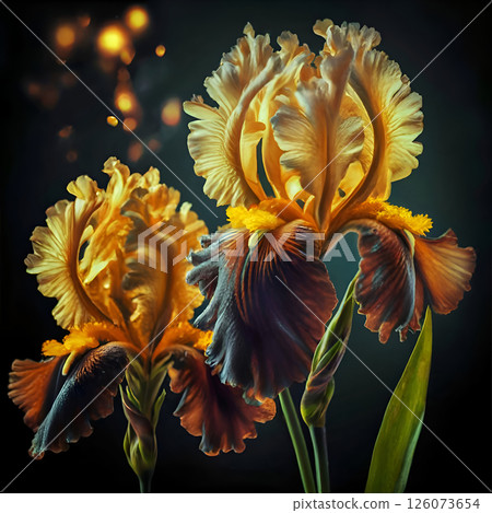 beautiful art couple of yellow iris flowers against dark background. close up. paint style. Ai generated 126073654