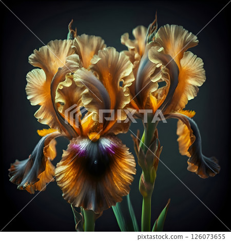 beautiful art couple of yellow iris flowers against dark background. close up. paint style. Ai generated 126073655