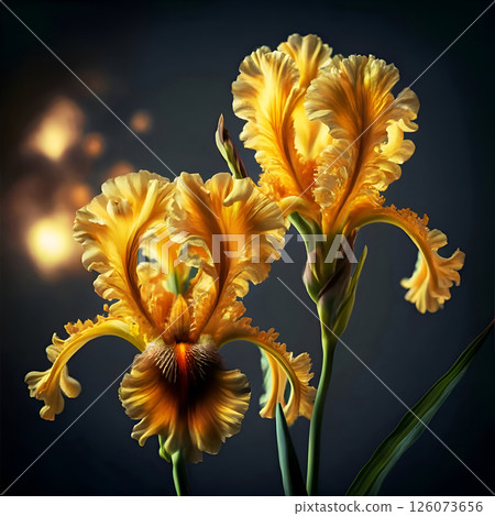beautiful art couple of yellow iris flowers against dark background. close up. paint style. Ai generated beautiful art couple of yellow iris flowers against dark background. close up. paint style. Ai generated 126073656
