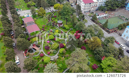 Drone view on Japanese garden in Batumi in early May 126073726