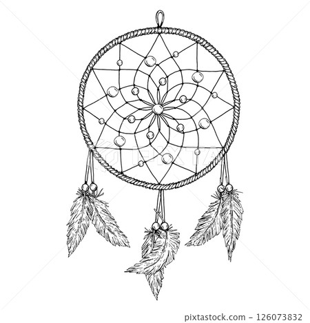 Vector illustration of an esoteric dreamcatcher with feathers and mystical bead pattern. Hand drawn in black and white for spiritual projects, metaphysical themes, and symbolic decorative uses. Vector illustration of an esoteric dreamcatcher with feathers and mystical bead pattern. Hand drawn in black and white for spiritual projects, metaphysical themes, and symbolic decorative uses. 126073832