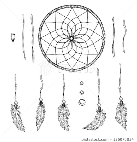 Vector DIY dreamcatcher kit in black and white ink style. Includes frame, beads, cords, feathers. Perfect for crafting, scrapbooking, handmade projects, boho decor, and printable creative templates. 126073834