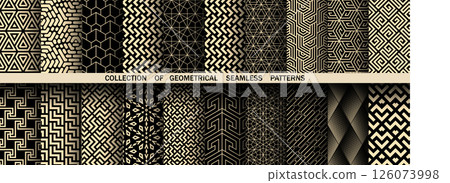 Geometric set of seamless black and golden patterns. Simple vector graphics 126073998