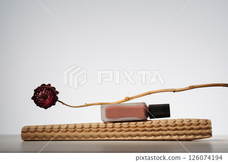 Blank beauty product in recycled delivery packaging. Minimalist mockup with dry flower Blank beauty product in recycled delivery packaging. Minimalist mockup with dry flower 126074194