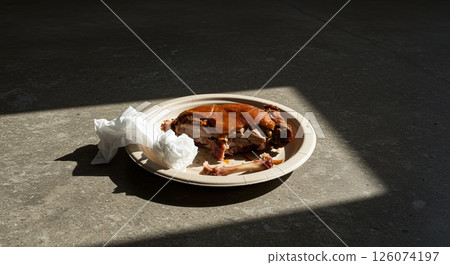Leftover lechon on paper plate with discarded bones in dramatic sunlight on concrete floor 126074197