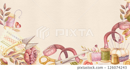 Sewing tools watercolor banner with pincushion and copy space. Hand drawn vintage template with measuring tape and flower. Perfect for tailor shop or atelier advertising background and web design. 126074243