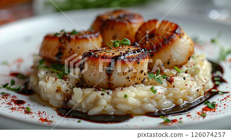 Clean shot of truffle risotto with seared scallops, microgreens, and balsamic glaze on white background 126074257