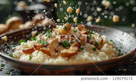 Dynamic shot of levitating truffle and wild mushroom risotto: Arborio rice, mushrooms, broth, truffle oil, and cheese. 126074272