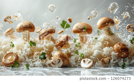 Dynamic shot of levitating truffle and wild mushroom risotto: Arborio rice, mushrooms, broth, truffle oil, and cheese. 126074273
