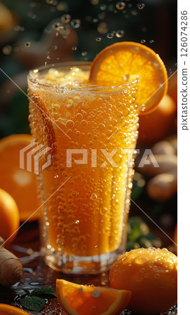 A bright glass filled with refreshing orange carrot ginger juice, garnished with a twist of orange peel and a small piece of ginger A bright glass filled with refreshing orange carrot ginger juice, garnished with a twist of orange peel and a small piece of ginger 126074286