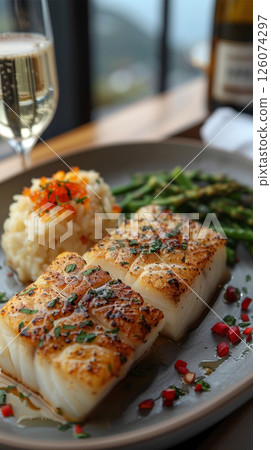 Champagne Turbot Meuniere: Elegant Presentation with Creamy Risotto or Steamed Asparagus, Vertical View 126074297