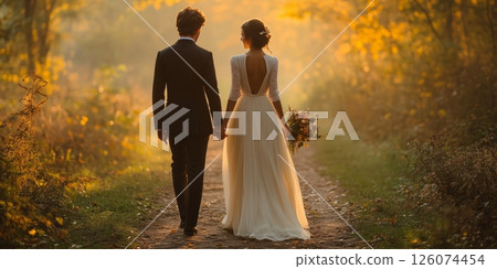 a couple walking hand in hand along a forest trail, the brides flowing dress and bouquet creating a romantic scene 126074454