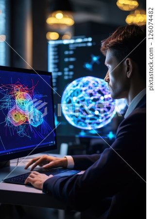 Professional man analyzing complex data visualizations on computer screen in modern workspace 126074482