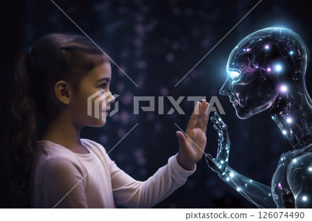 Young girl interacting with futuristic humanoid robot in a dark, ethereal environment 126074490