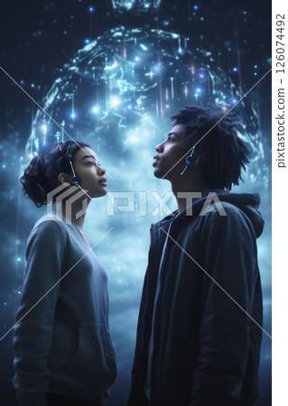 Two individuals engaged in a deep conversation with futuristic digital elements in the background Two individuals engaged in a deep conversation with futuristic digital elements in the background 126074492