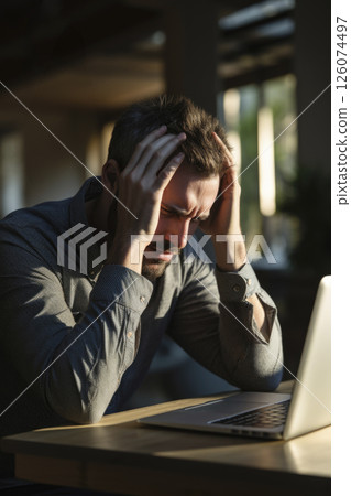Man with stress and frustration working on laptop in a modern workspace with natural light 126074497