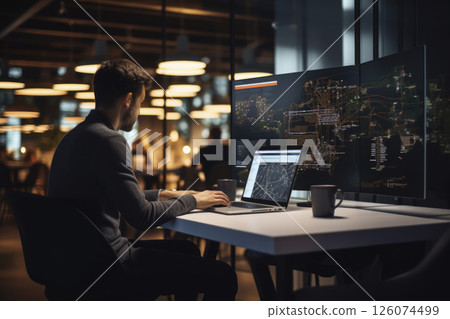 Man working on laptop in modern office with multiple screens displaying data and analytics Man working on laptop in modern office with multiple screens displaying data and analytics 126074499