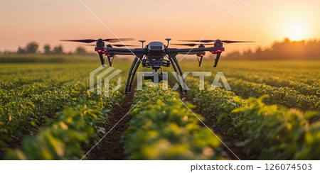 a drone flying low over a field, spraying crops with fertilizer, open landscape 126074503