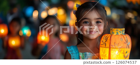 children carrying brightly colored handmade lanterns in a Golowan procession, cheerful expressions, with an open area on the right side for text 126074537