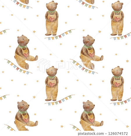 Pattern bears holding heart, garland, stars. Watercolor illustration hand drawn in cartoon style. Seamless print on background for children's textile design, fabric, packaging, wallpaper, kids clothes 126074572