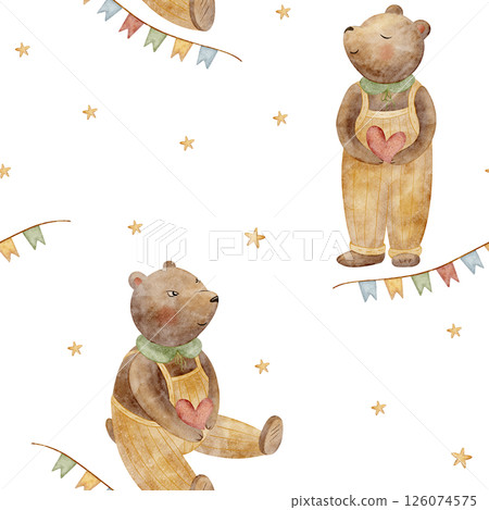 Watercolor pattern illustration bears in retro suit holding heart, garland, stars. Seamless print hand drawn on isolated white background for children textile fabric packaging wallpaper, baby clothes 126074575