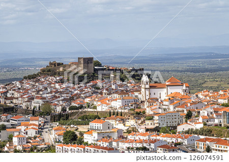 Panorama of Castelo de Vide rooftops seen from an outside viewpoint. Castelo de Vide in Alto Alentejo, Portugal. 126074591