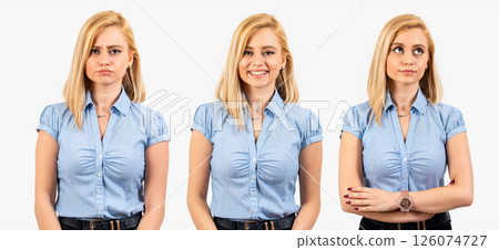 Different facial expressions of blonde woman on white background. 126074727