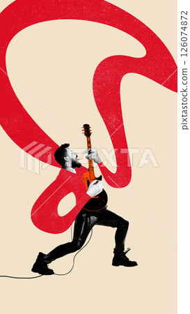 Man in red outfit playing electric guitar Man in red outfit playing electric guitar 126074872