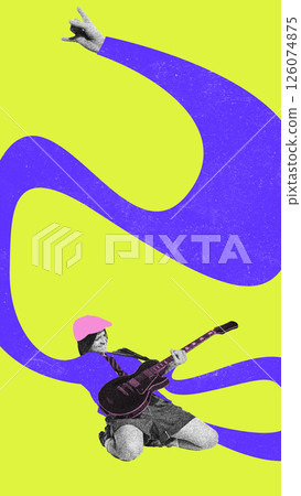 Woman in cap kneeling with guitar and raised arm gesture over neon yellow and purple backdrop. 126074875